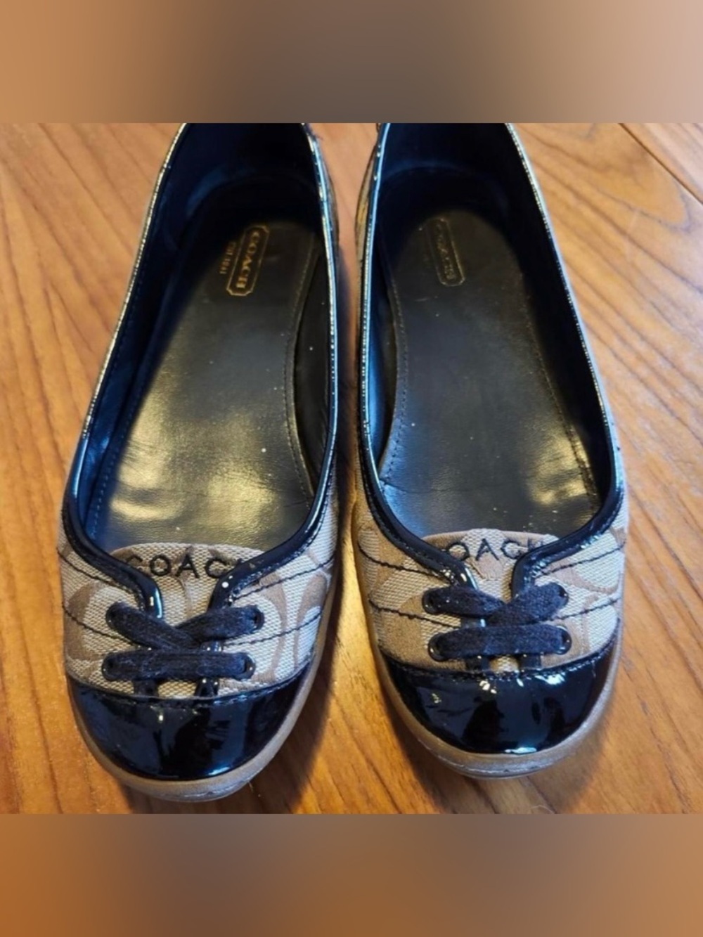Coach Tan Signature Canvas Flats with Navy Patent Trim